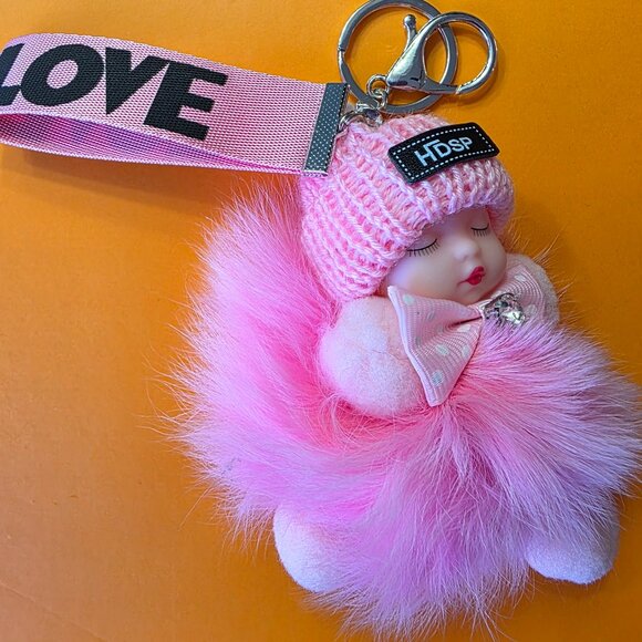 Cute Baby Sleeping Keychain with LOVE tag, Plush rabbit fur, Bag Charm, - Picture 6 of 7